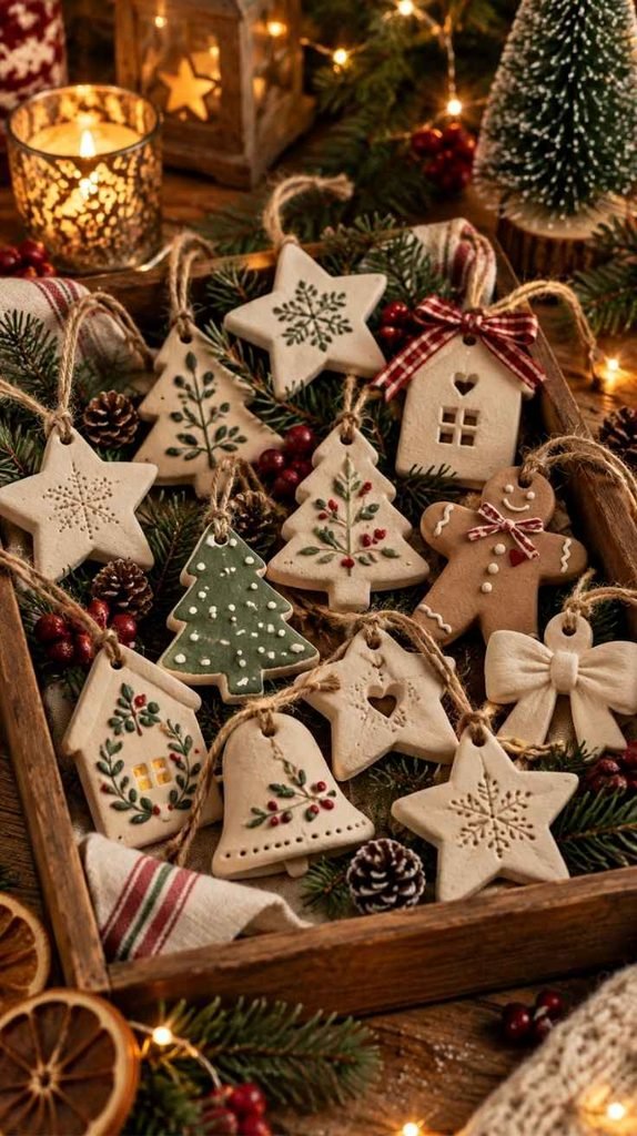 Handmade Christmas crafts featuring clay ornaments shaped like stars, trees, houses, bells, bows, and gingerbread people