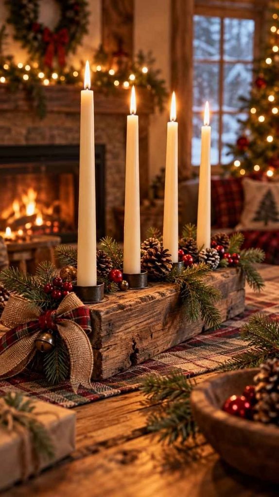 Rustic wooden Christmas candle holder with tall taper candles, evergreen branches, berries, pinecones, and plaid ribbon