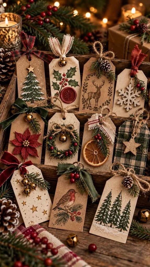 Handmade Christmas gift tags with trees, holly, wreaths, dried orange slices, bells, ribbons, and rustic holiday details