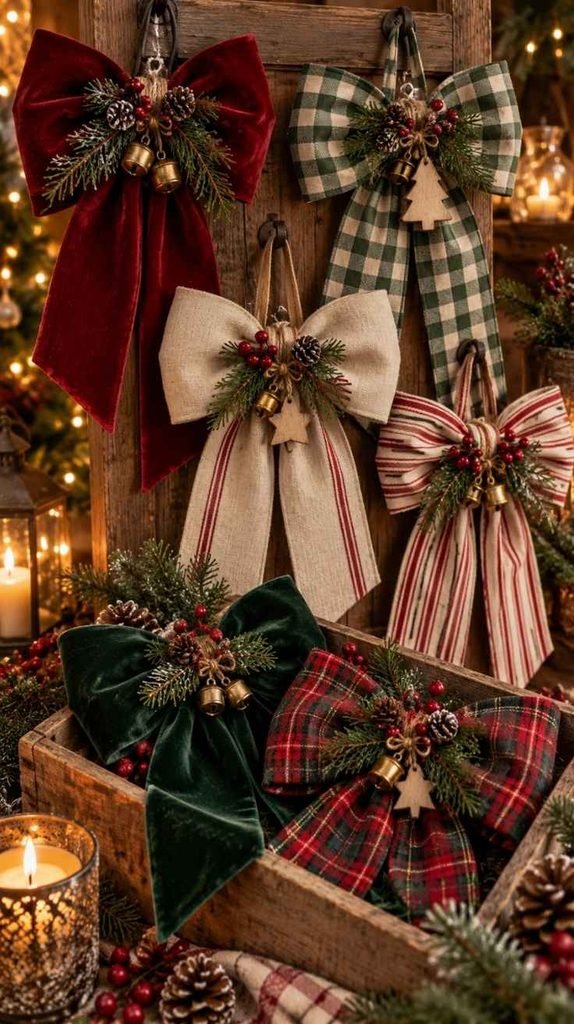 Handmade Christmas door hangers with oversized velvet, gingham, plaid, and striped bows with greenery and bells