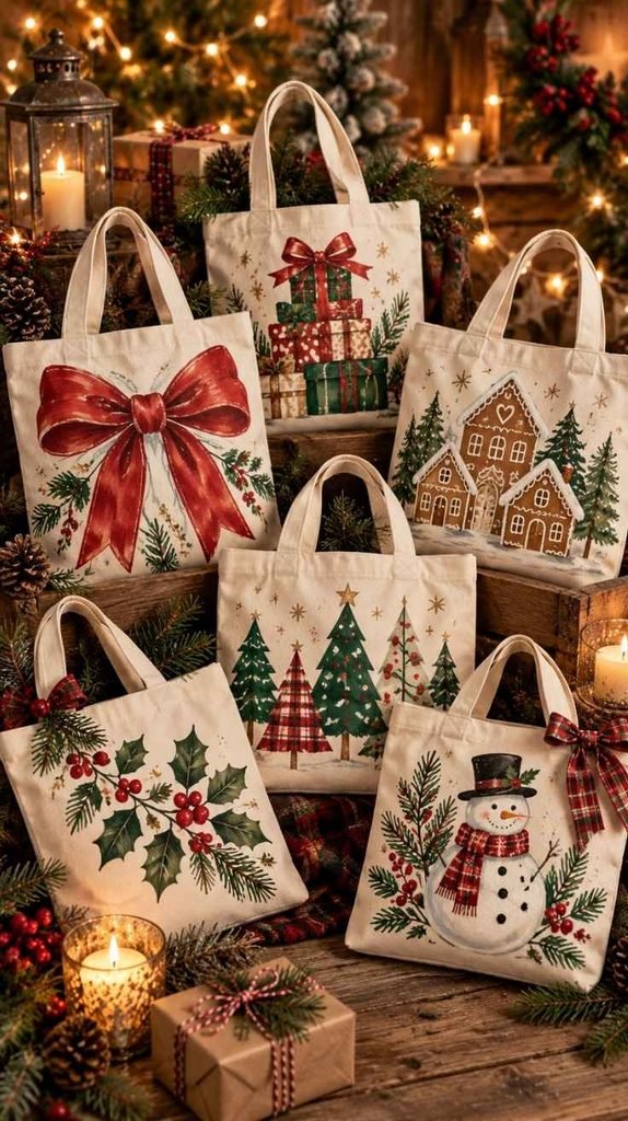 Hand-painted Christmas tote bags with bows, gift boxes, gingerbread houses, Christmas trees, holly, and snowman designs