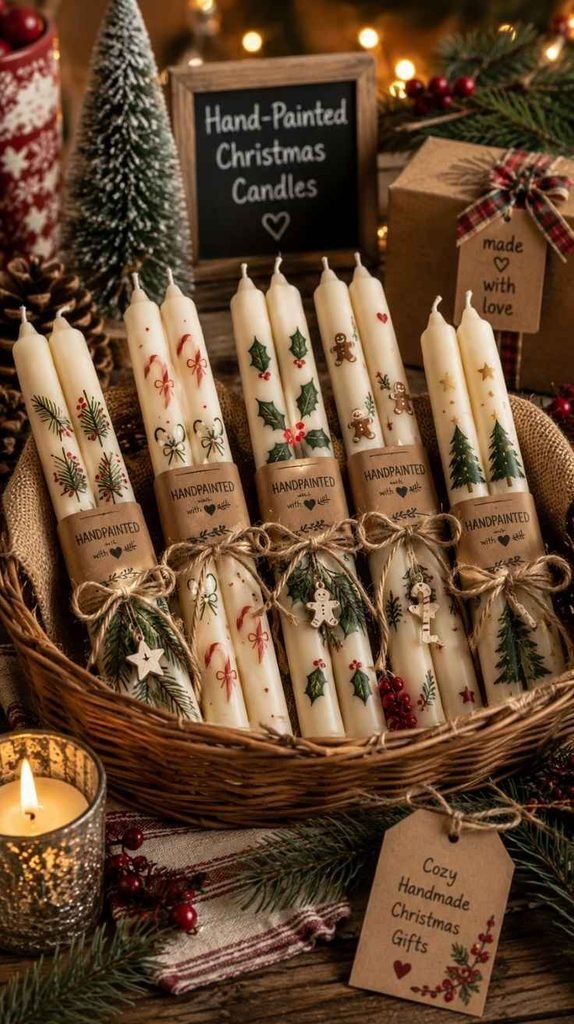 Hand-painted Christmas taper candles decorated with holly, bows, gingerbread men, candy cane stripes, and Christmas trees
