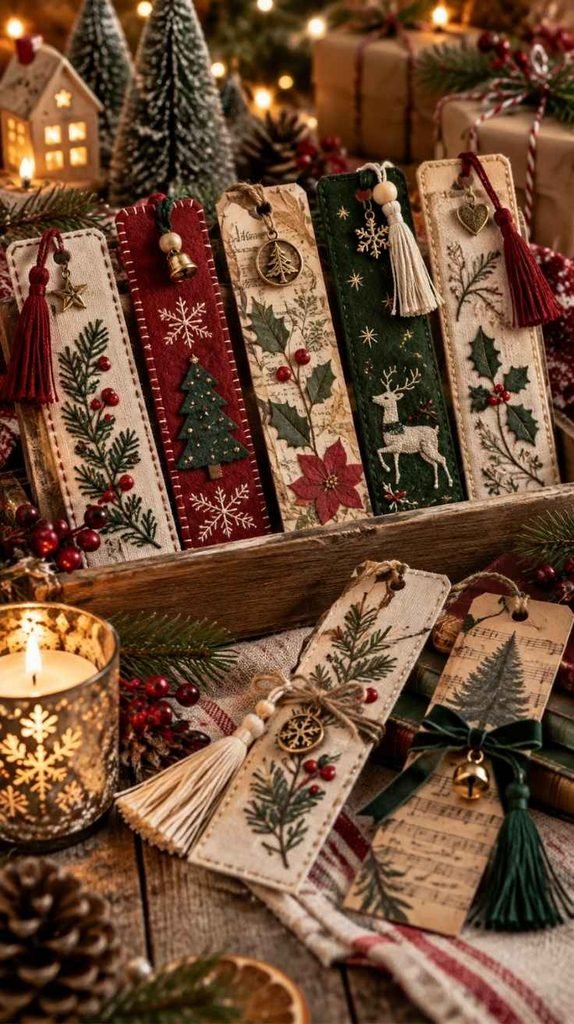 Handmade Christmas bookmarks with fabric, embroidery, tassels, charms, holly, trees, and festive details