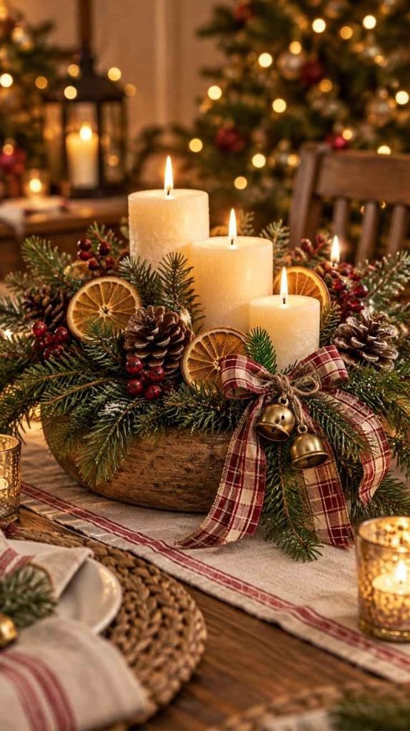 Christmas table centerpiece with pillar candles, evergreen branches, dried oranges, pinecones, berries, and plaid ribbon