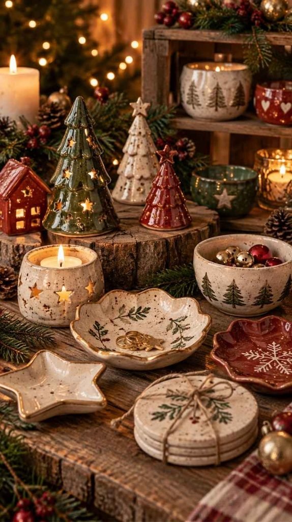 Christmas pottery crafts with ceramic trees, candle holders, trinket dishes, bowls, and handmade holiday decorations
