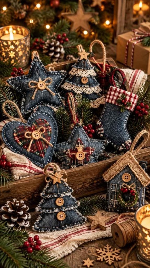 Upcycled Christmas crafts made from denim, including stars, hearts, stockings, trees, and house ornaments