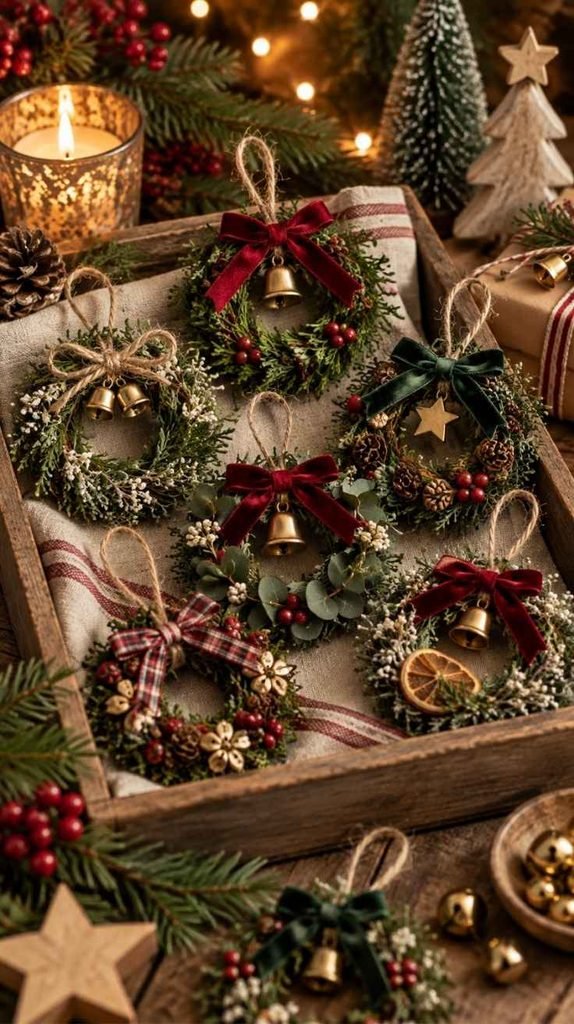 Mini Christmas wreath ornaments with greenery, velvet bows, red berries, pinecones, and brass bells