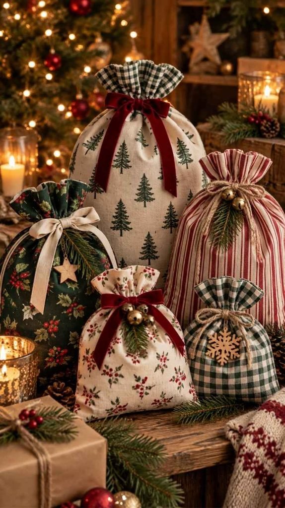 Reusable Christmas fabric gift bags in gingham, stripes, holly prints, and festive Christmas tree patterns