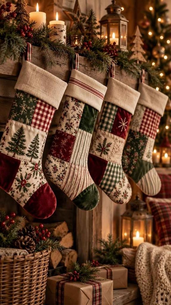 Handmade Christmas stockings made with patchwork fabric, gingham, velvet, stripes, and holiday prints