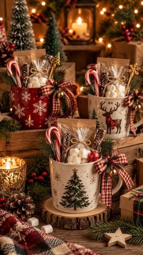 Christmas crafts to sell featuring mug gift sets with hot cocoa, marshmallows, candy canes, and festive ribbon