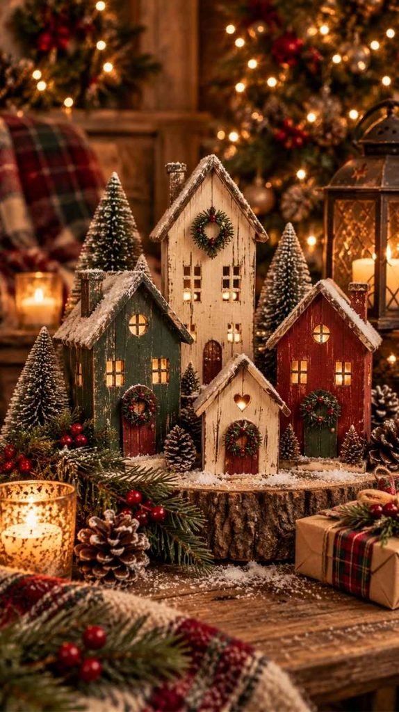 Rustic wooden Christmas houses with bottle brush trees, wreaths, pinecones, and warm holiday lights