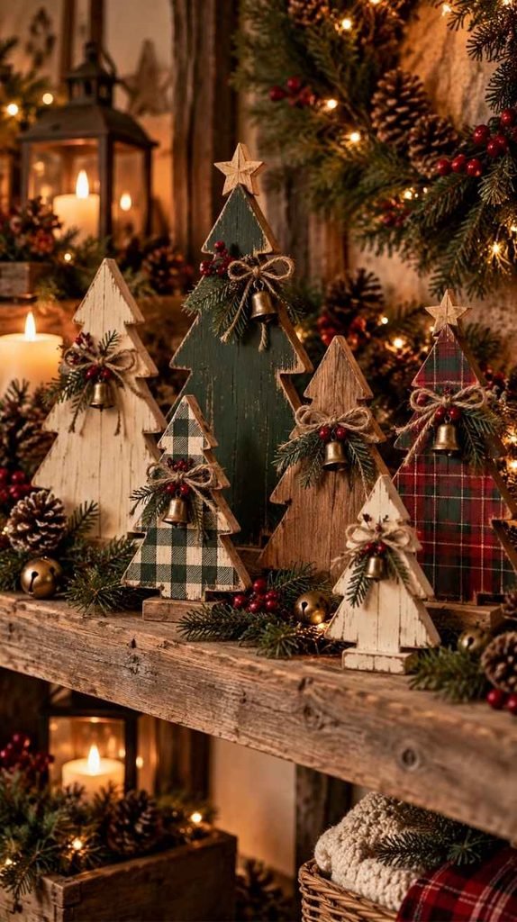 DIY wooden Christmas tree shelf sitters in natural wood, green, white, and plaid finishes