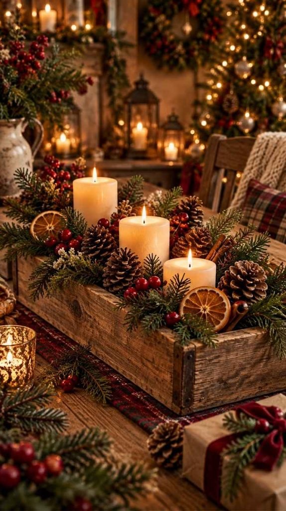 DIY wooden Christmas centerpiece with candles, evergreen branches, pinecones, dried oranges, berries, and rustic holiday decor