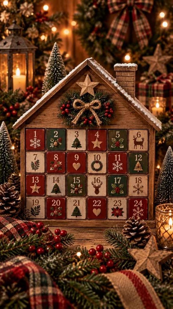 Rustic wooden Christmas advent calendar with 24 numbered drawers and festive painted details