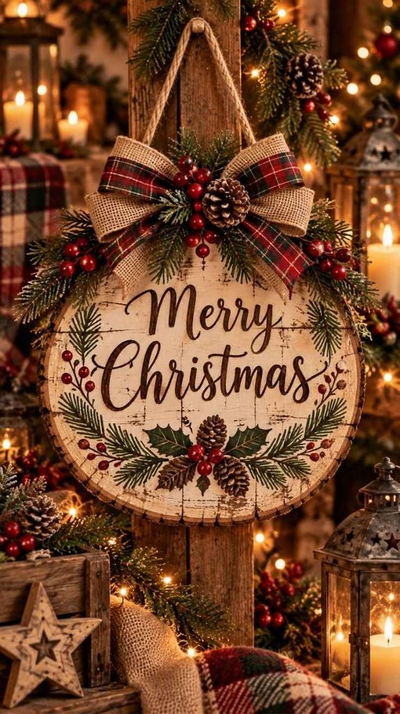 Christmas wood crafts for adults featuring personalized wooden signs with festive lettering, greenery, and plaid bows