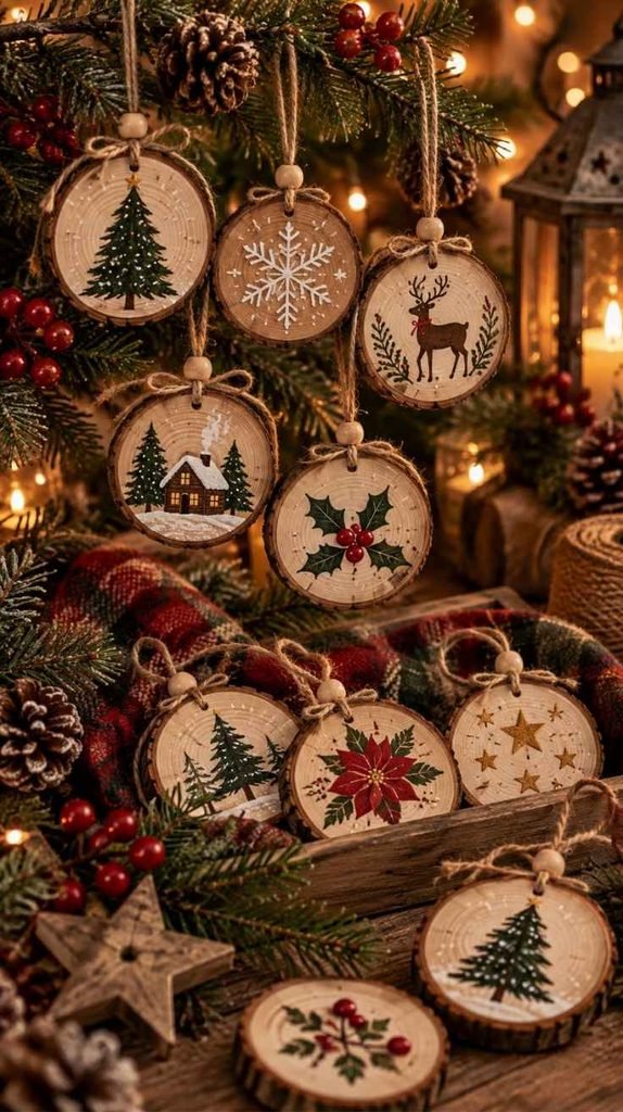 Hand-painted wood slice Christmas ornaments with trees, snowflakes, reindeer, holly, and winter houses