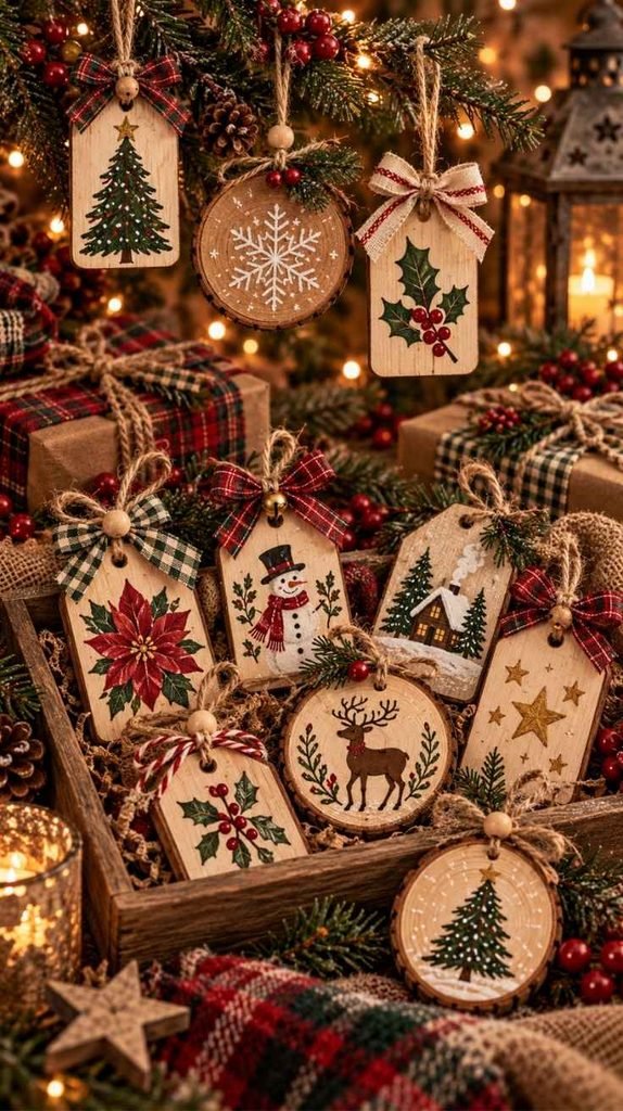Handmade wooden Christmas gift tags with painted trees, snowflakes, holly, snowman, and festive ribbon
