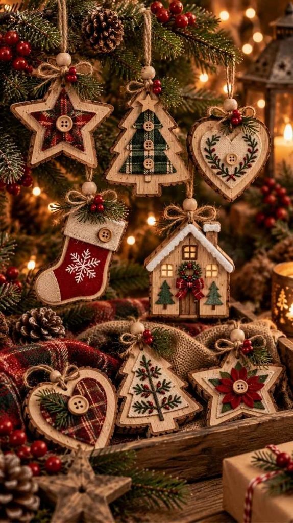 Christmas wood crafts with fabric details, including wooden stars, trees, hearts, stockings, and house ornaments