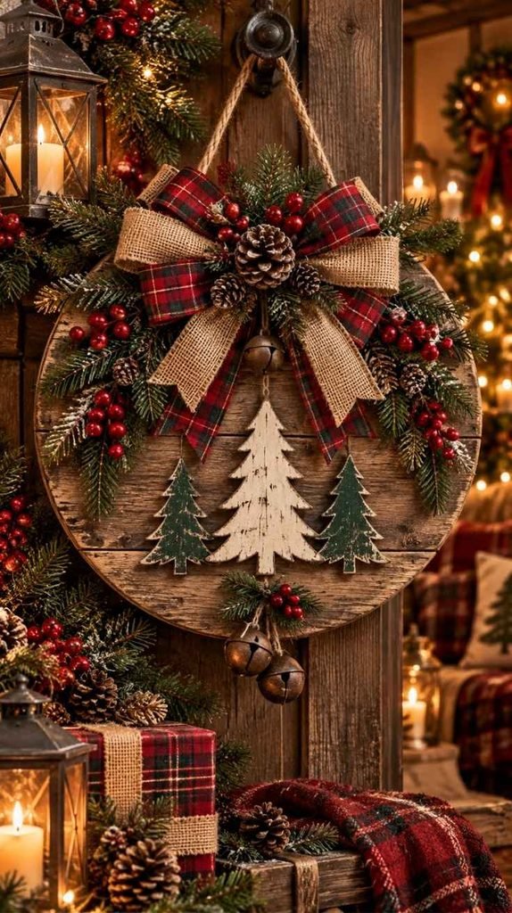 Handmade wooden Christmas door hanger with evergreen branches, red berries, pinecones, burlap, plaid ribbon, and bells