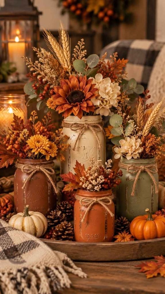 DIY fall mason jar decor painted in cream, sage green, rust, and brown with flowers, wheat, twine, and seasonal greenery