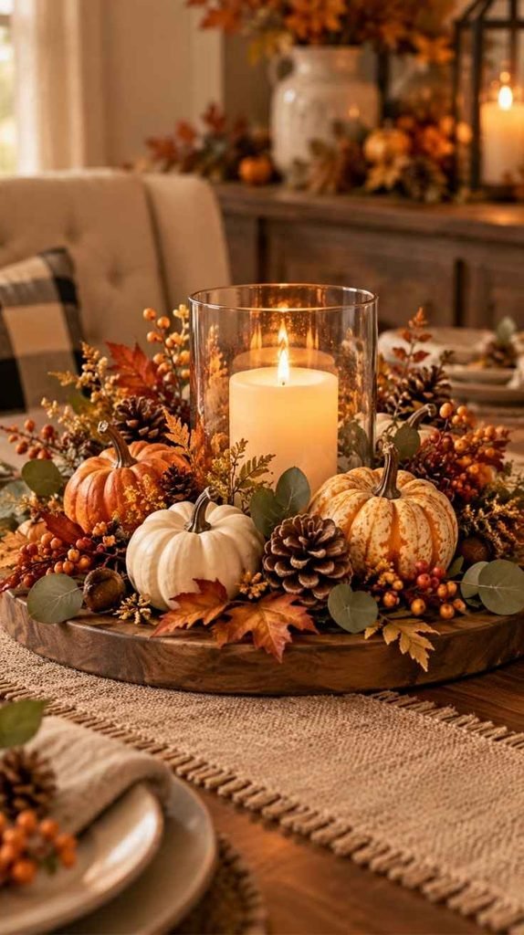 Dollar Tree fall crafts featuring a pumpkin candle centerpiece with mini pumpkins, pinecones, eucalyptus, berries, and autumn leaves