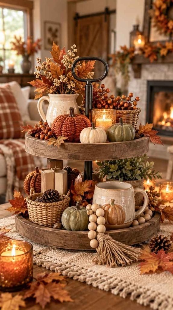 Dollar Tree fall tiered tray decor with mini pumpkins, baskets, mug, wooden beads, leaves, greenery, and cozy autumn accents