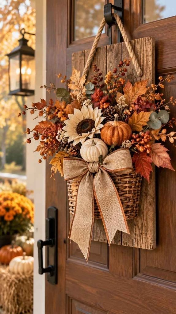 Easy fall door hanger with a rustic basket, sunflower, mini pumpkins, autumn leaves, berries, eucalyptus, and burlap bow