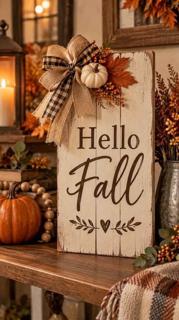 Fall farmhouse wooden sign with Hello Fall lettering, mini pumpkin, burlap bow, plaid ribbon, and autumn leaves