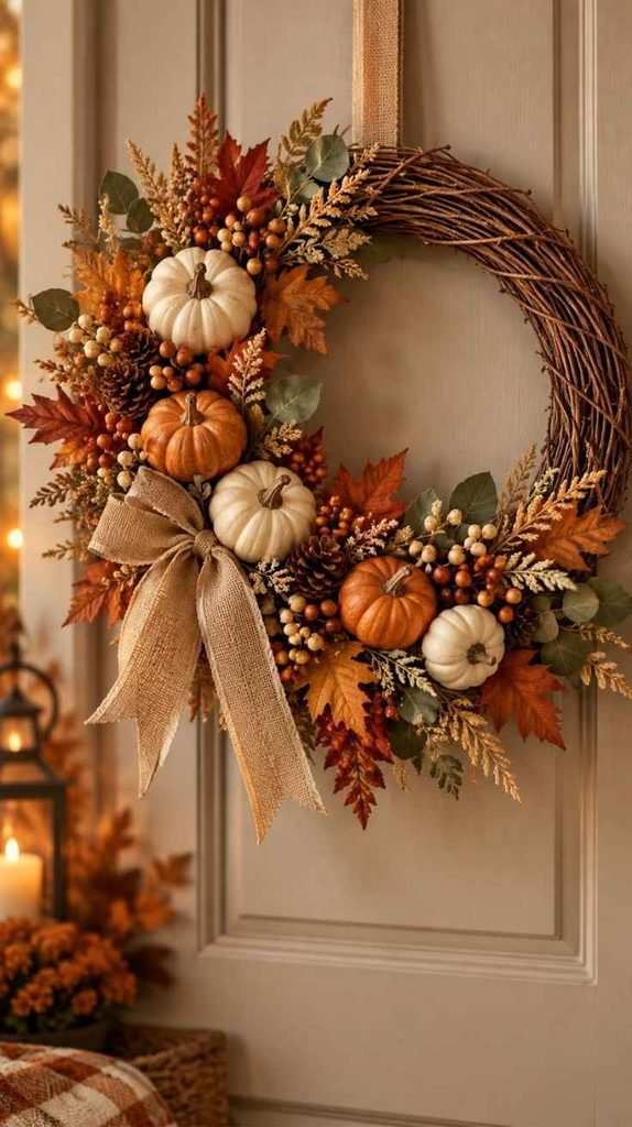 Mini pumpkin fall wreath with cream and orange pumpkins, autumn leaves, berries, greenery, and burlap ribbon