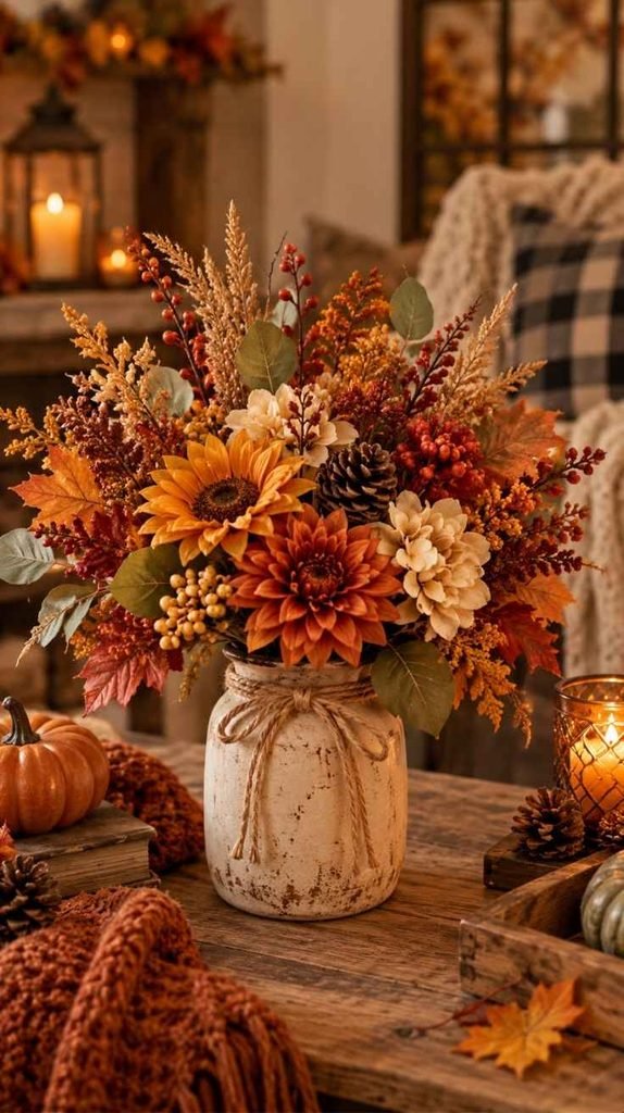 Dollar Tree fall floral arrangement with burnt orange flowers, cream blooms, eucalyptus, berries, wheat, and pinecones