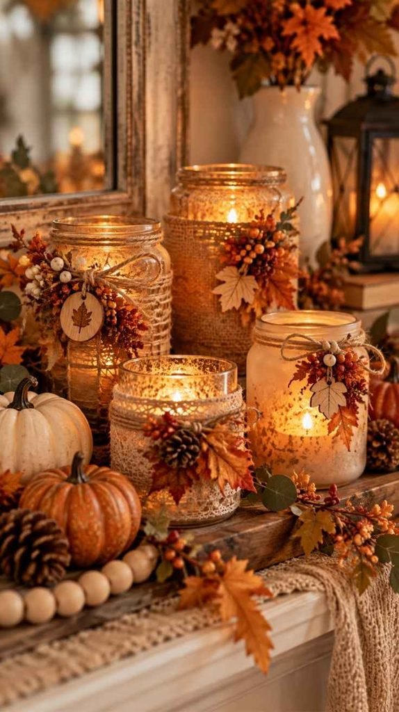 DIY fall candle holders made with glass jars, burlap, twine, autumn leaves, berries, and warm candlelight
