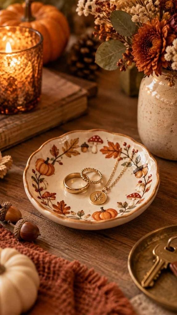 Hand-painted fall trinket dish with pumpkins, acorns, mushrooms, autumn leaves, and gold jewelry