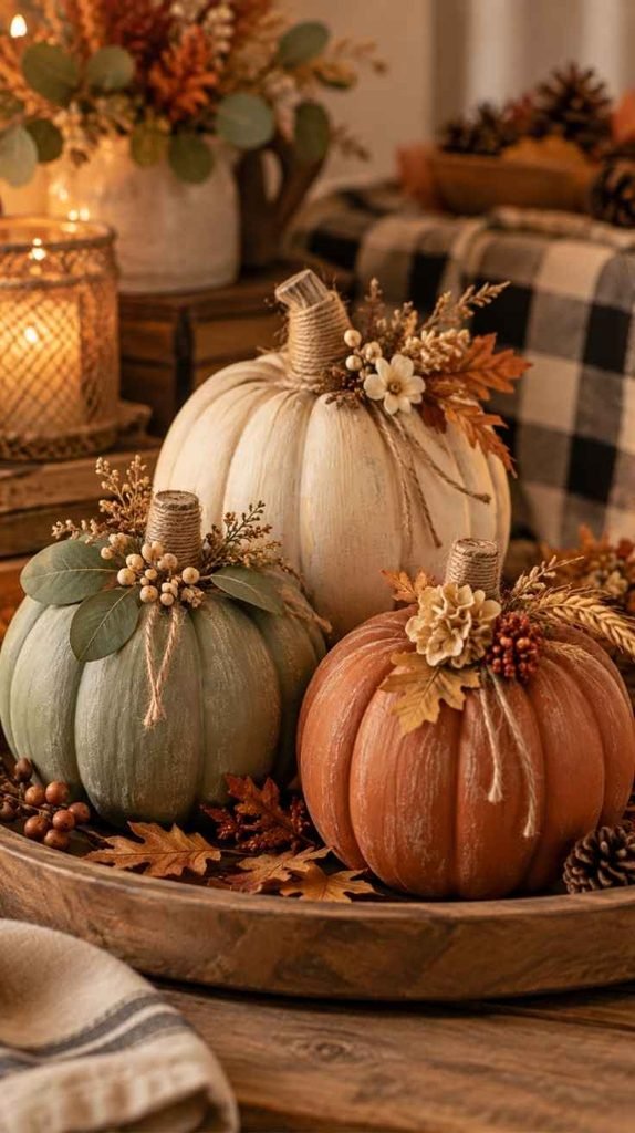 Dollar Tree fall crafts featuring painted pumpkins in cream, sage green, and terracotta with twine, dried flowers, and autumn leaves