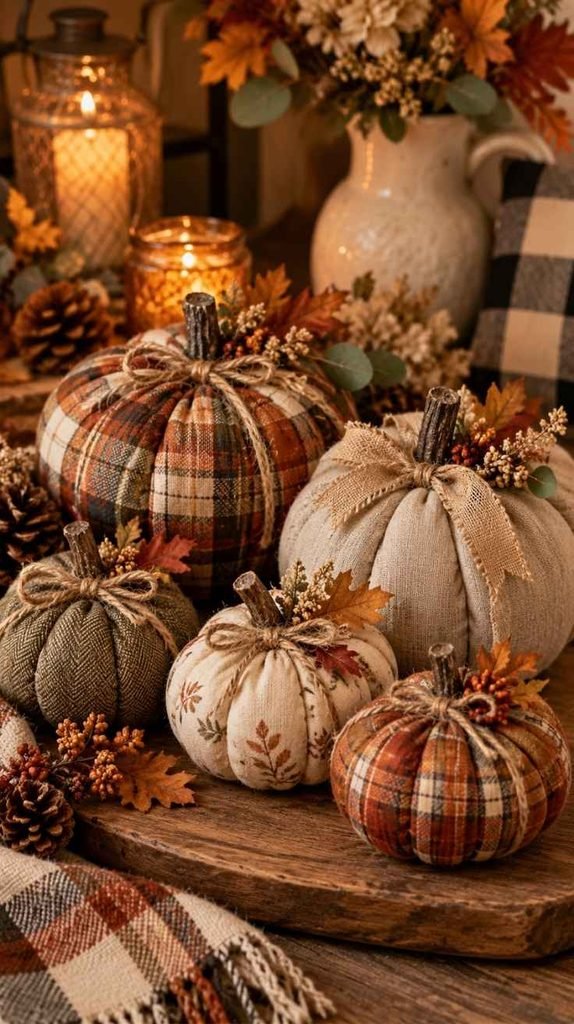 Handmade fabric-covered pumpkins in plaid, linen, burlap, and neutral fall fabrics with twine and rustic stems