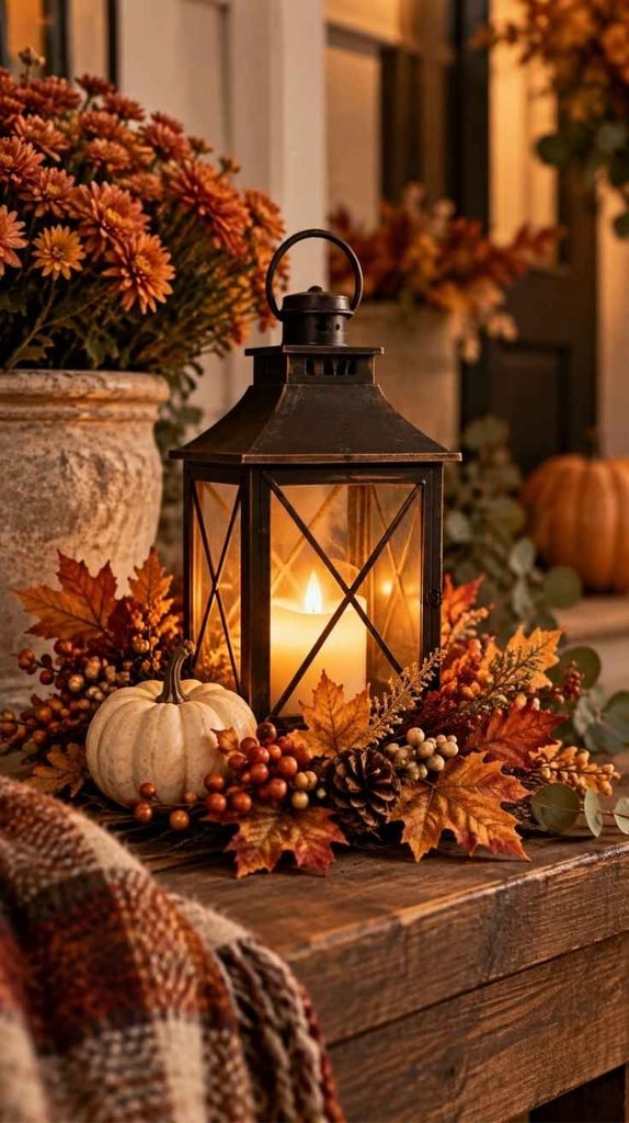 Dollar Tree fall lantern with warm candlelight, mini pumpkin, autumn leaves, berries, pinecones, and cozy porch decor
