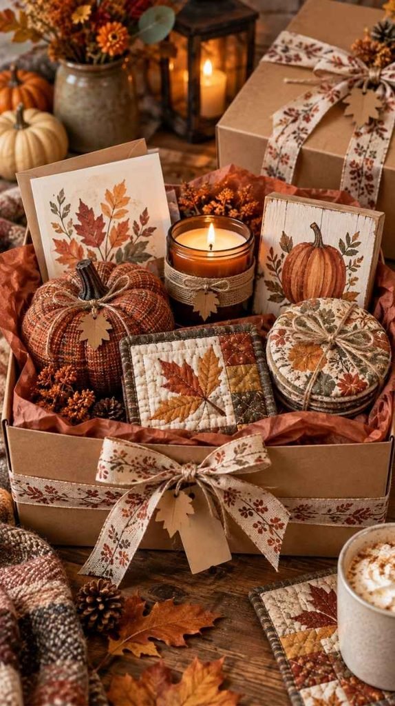 Fall-themed handmade gift set with fabric pumpkin, candle, quilted coaster, rustic sign, and autumn card in a kraft box