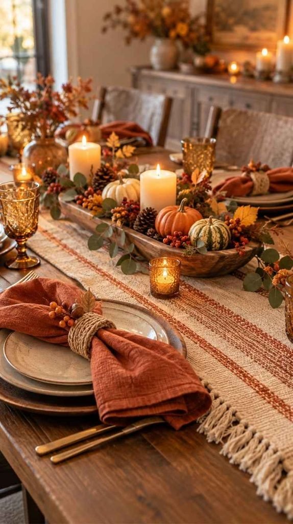 Handmade fall table decor with rust-colored napkins, woven napkin rings, pumpkins, candles, eucalyptus, and berries