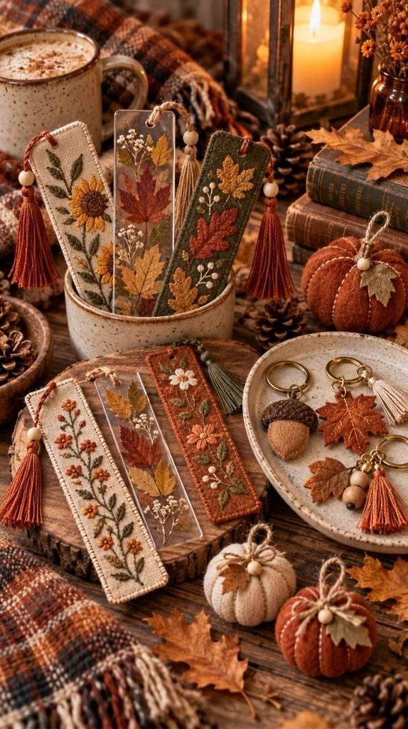 Fall bookmarks and small handmade gift items with embroidered leaves, pressed flowers, tassels, acorns, and keychains