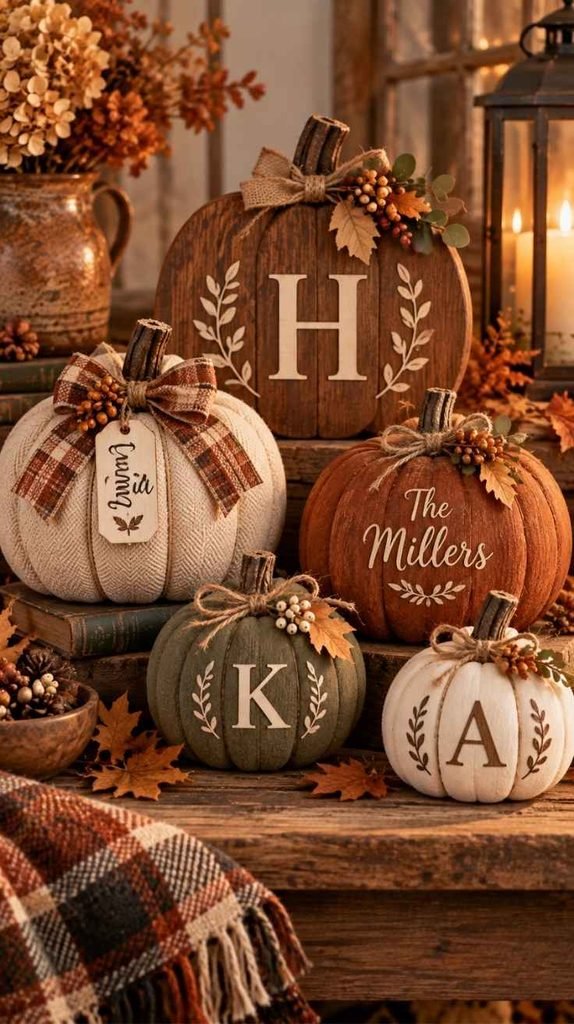 Personalized fall pumpkin decor with family names, initials, plaid bows, leaves, berries, and neutral autumn colors