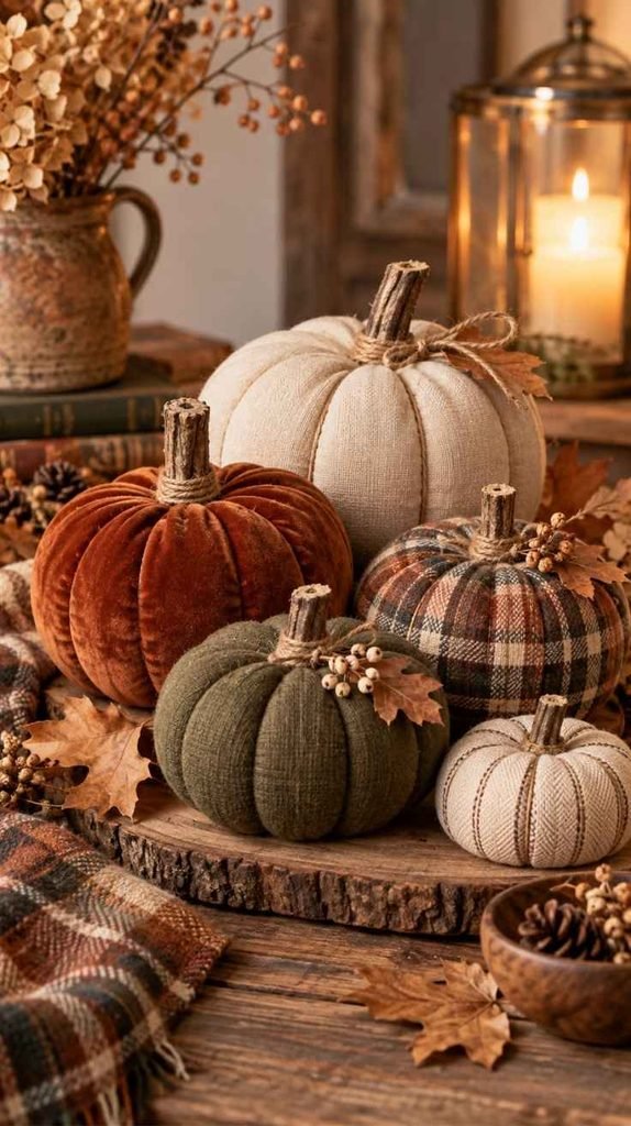Fall crafts to sell featuring handmade fabric pumpkins in cream, rust, olive, plaid, and neutral autumn colors