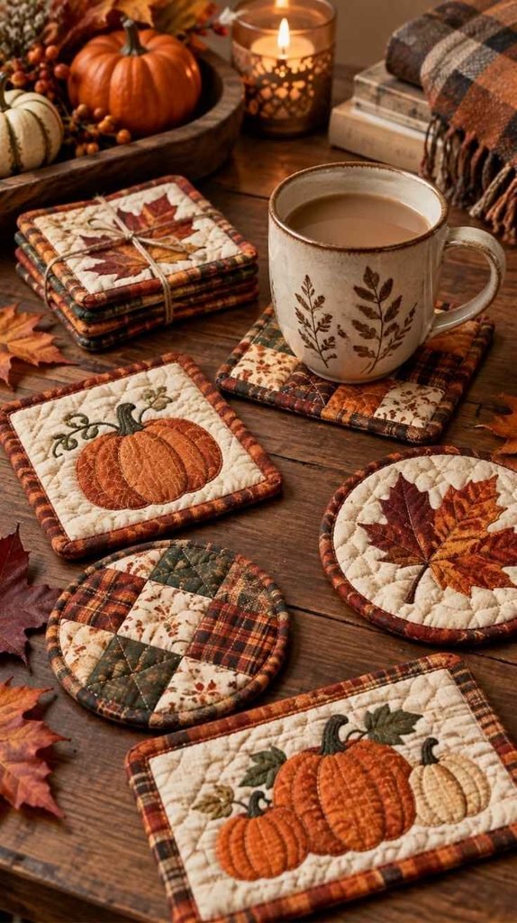 Handmade fall mug rugs and quilted coasters with pumpkin, maple leaf, plaid, and patchwork designs