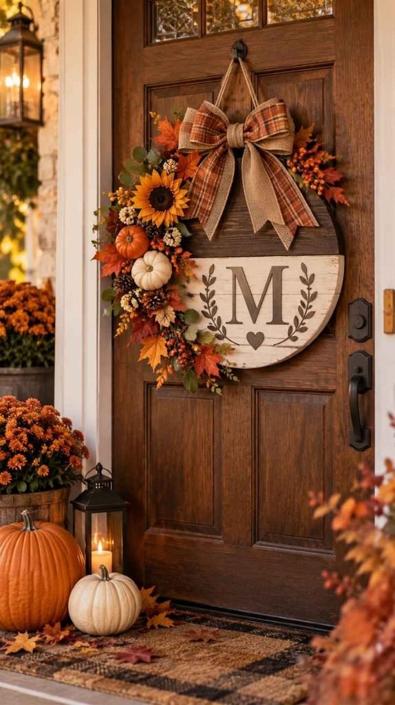 Personalized fall door hanger with monogram, mini pumpkins, sunflower, autumn leaves, berries, and plaid burlap bow