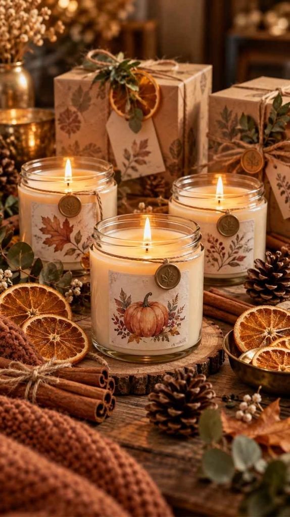 Handmade fall scented candles with pumpkin labels, dried orange slices, cinnamon sticks, pinecones, and rustic packaging