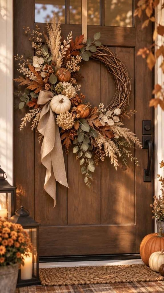Modern fall wreath with pumpkins, eucalyptus, dried florals, autumn leaves, and neutral linen ribbon