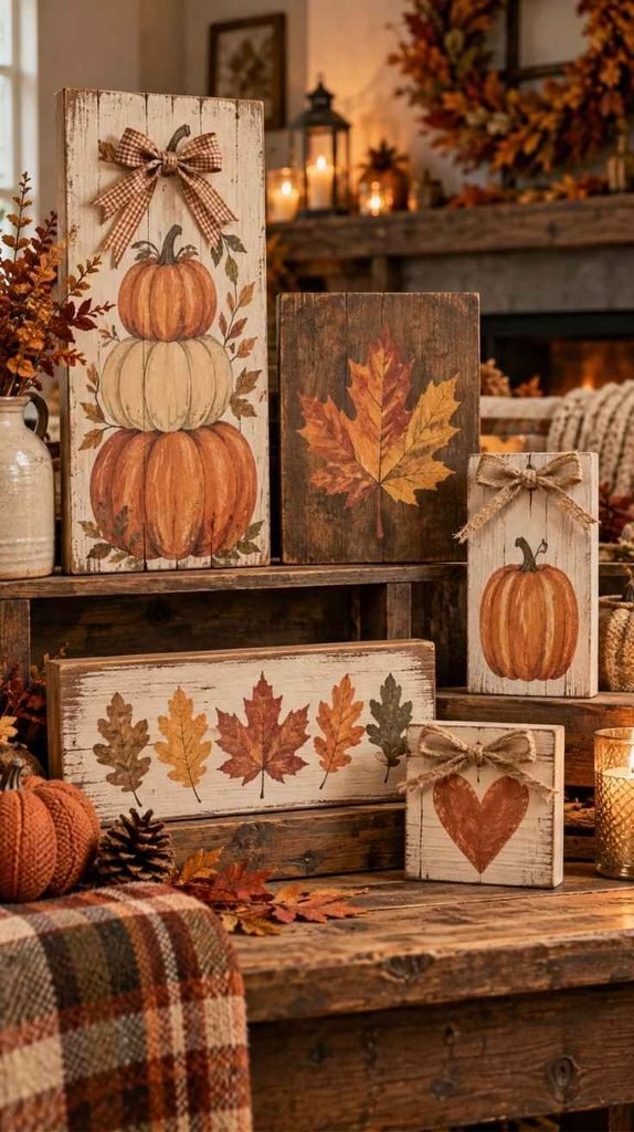 Rustic fall signs with painted pumpkins, autumn leaves, heart designs, and distressed farmhouse wood finishes