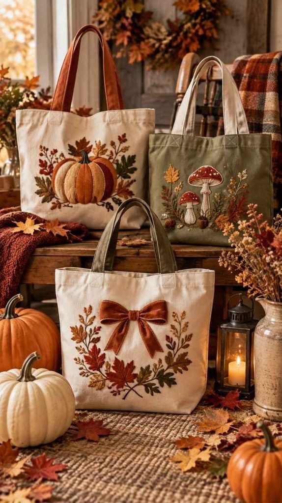 Fall crafts to sell featuring handmade tote bags with embroidered pumpkins, mushrooms, bows, and autumn leaves