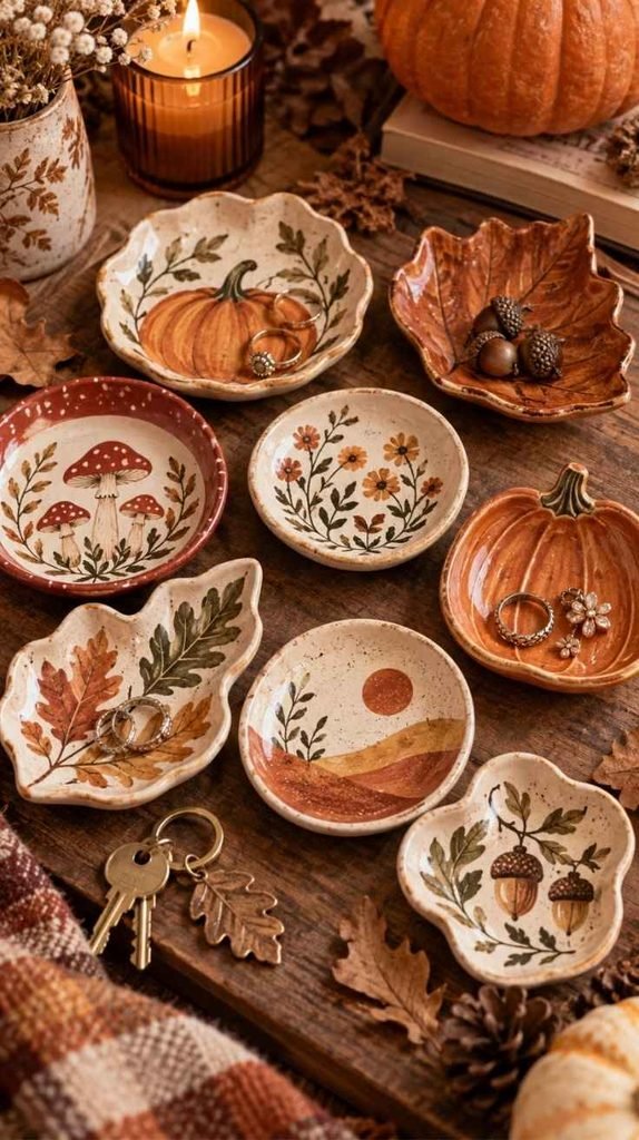 Hand-painted fall trinket dishes with pumpkins, mushrooms, acorns, leaves, florals, and warm autumn colors