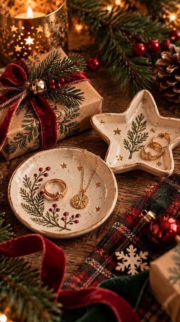 Handmade Christmas clay trinket dishes with stars, evergreen branches, berries, and gold details