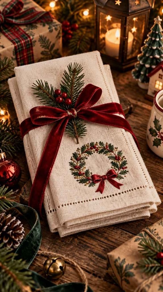 Embroidered Christmas hand towel with evergreen wreath design, red berries, velvet ribbon, and festive gift wrapping