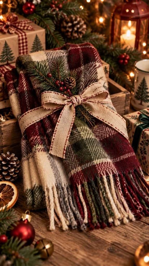 Cozy handmade Christmas scarf in red, green, cream, and plaid fabric wrapped with ribbon and evergreen accents